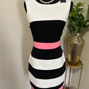 Tommy Hilfiger Striped Black, White, and Pink Midi Dress